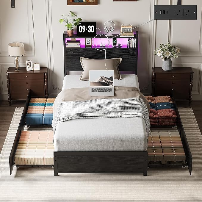 VINGLI LED Twin Bed Frame with 4 Storage Drawers and Adjustable Headboard Shelf, Metal Platform Panel Bed with Charging Station for Kids Teens, Adults, No Box Spring Needed, Black