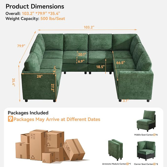 104'' U Shaped Modular Sofa, Sectional Couches with Storage for Living Room, Oversized 8 Seater Cloud Sectional Couch, Chenille Dark Green