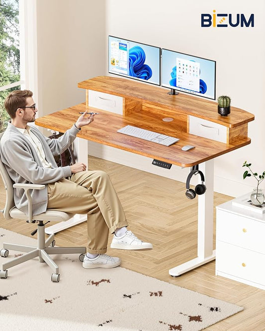 BIZUM Standing Desk with 2 Drawers Computer Desk-Stand up Desk Home Office Gaming Memory Desks C-Clamp Mount Compatible, 48x24 Inch Light Rustic Brown