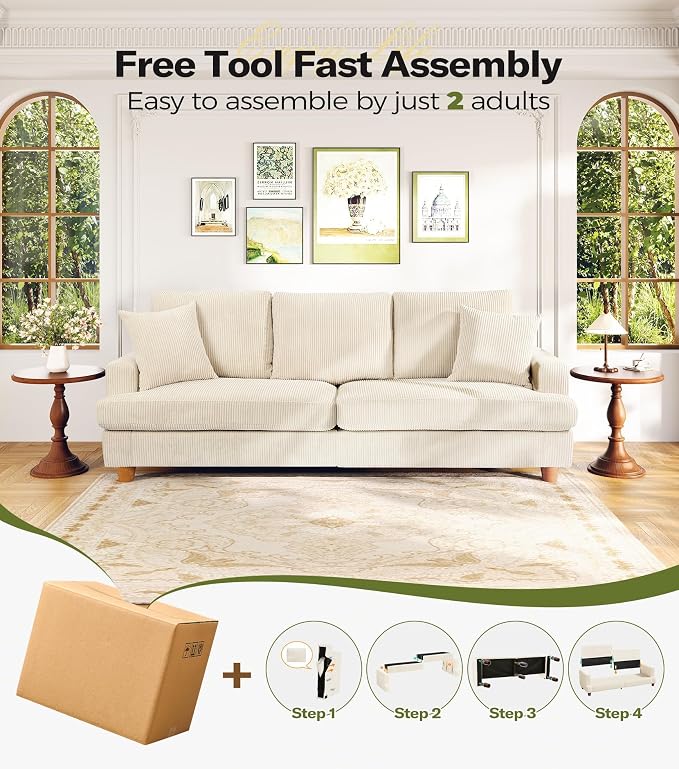 87in Corduroy Couch, Kidirect Sofa No Tool Assembly, Comfy Couches for Living Room 21in Deeper Seats, Corduroy Sofas for Living Room with 2 Pillows, Oversized Loveseat Sofa, Boho Love Seat Beige Couch