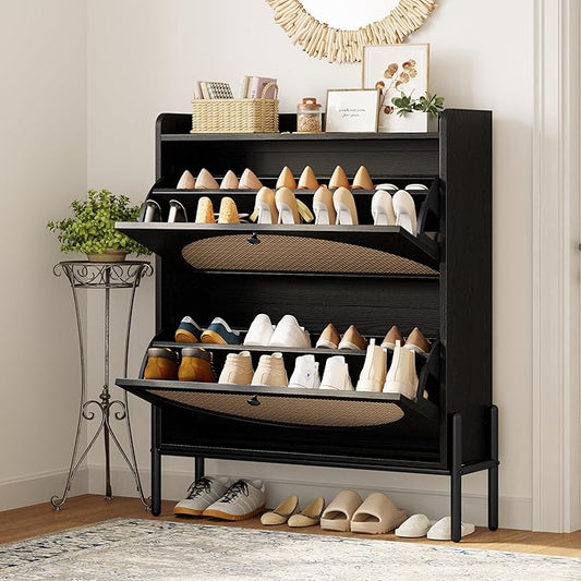 IRONCK Shoe Cabinet Storage with 2 Flip Drawers, Free Standing Wooden Shoe Storage Organizer Cabinet with Rattan Doors for Entryway, Narrow Shoe Rack Cabinet, Black