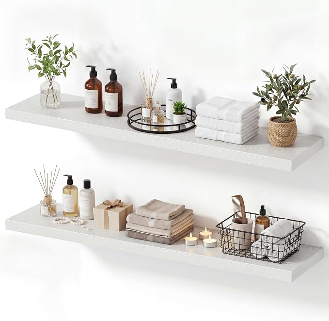 Vivelove 10 in Deep Floating Shelves for Wall, 40" x 10.2" x 1.5" Shelves for Room Wall Mounted, 1.5 Inch Thick Shelf for Bathroom Bedroom Kitchen Book Room, Modern Farmhouse Decor, Set of 2, White