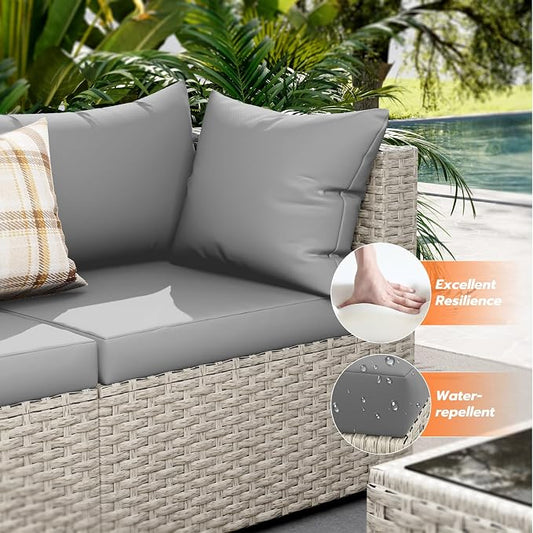 UDPATIO Outdoor Patio Furniture Set, 7 Pcs PE Wicker Sectional Sofa with Tea Table, Outdoor Conversation Set for Patio, Garden, Backyard (Grey Cushions with Light Grey Rattan)