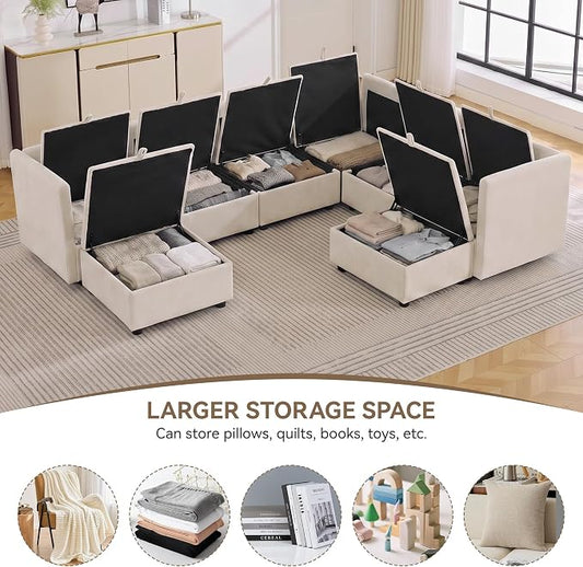 105" Beige Modular Storage Sofa, U Shaped Chenille Couch with 2 Ottomans | Oversized Convertible Sectional Sofa, 6-Seat Sectional Couch With 2 Ottomans, Large Cloud Couch For Living Room, Apartment.