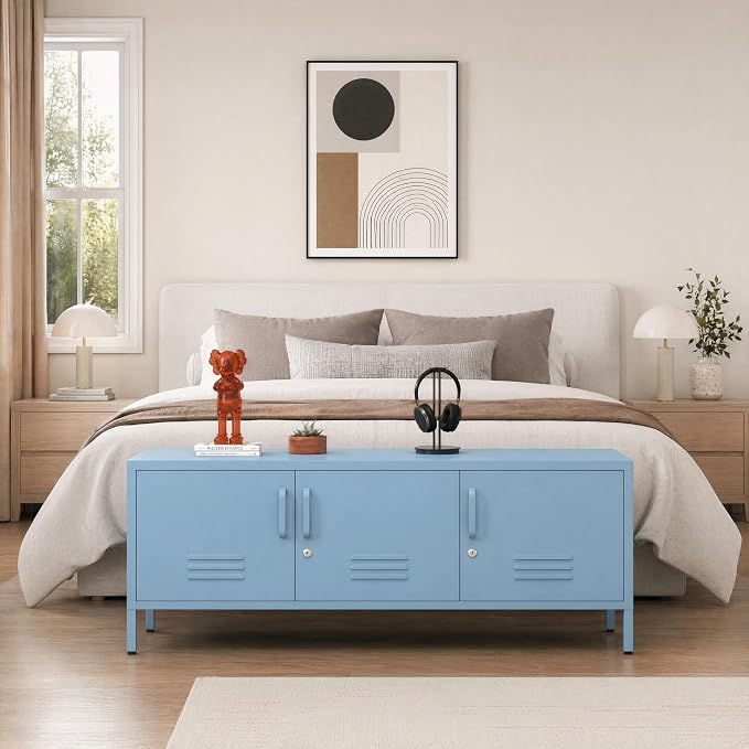 Metal Storage Cabinet-22"Tall Steel TV Stand Cabinet Adjustable Shelves storage locker Lockable Blue Metal Cabinet for Home Office Bedroom Living Room Balcony Entryway Size:22" H X 47.3" W X 13.8" D