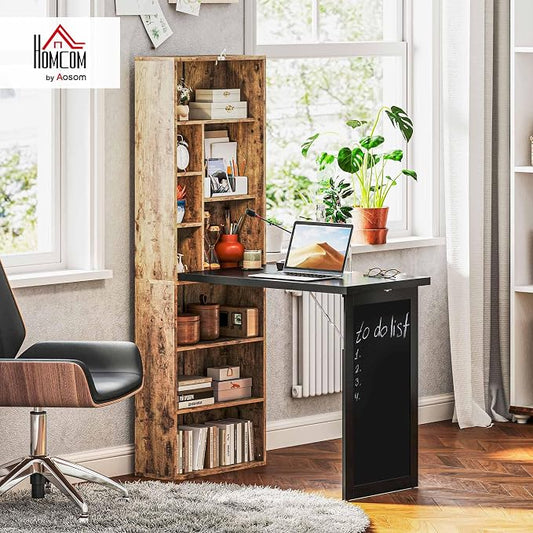 HOMCOM Foldable Convertible Writing Table, Wall Mounted Space-Saving Computer Desk with Chalkboard and Storage Shelves for Small Spaces, Home Office, Bedroom, Dorm, Apartment, Rustic Brown