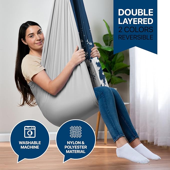 Indoor Sensory Swing for Kids or Outdoor – Holds 300lbs, Double-Layer, & 360° Swivel, Calming Compression Therapy Swing Hammock for Kids & Adults with All Hardware – Sensory-Motor Toys & Gifts