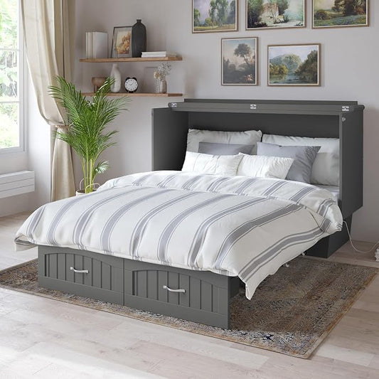 AFI, Nantucket Queen Murphy Bed Chest with Mattress, Storage Drawer and Built-In USB Charger, Grey