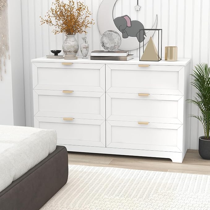 6 Drawer Dresser for Bedroom, Modern Long Chest with Large Drawer, Wooden Chest of Dresser Storage Cabinet Organizer Unit for Living Room, Cloakroom, Entryway, Hallyway (White)