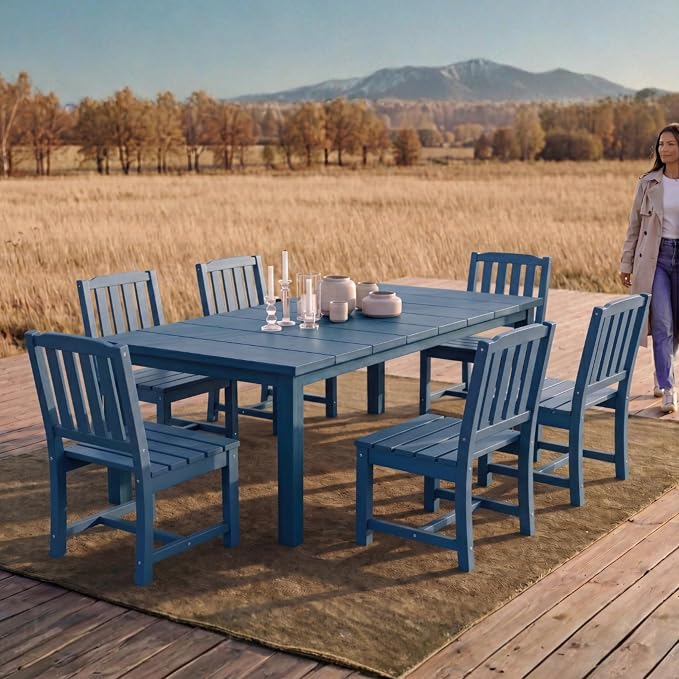 Perli™ 7-Piece Outdoor Dining Set, All-Weather HDPE Patio Table and 6 Chairs with Umbrella Hole, UV-Resistant Composite Wood Dining Furniture for Deck, Backyard, Poolside, Blue