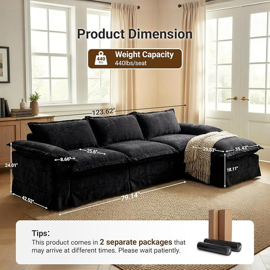 Claiks 123" Modular Boneless Couch, L Shaped Couch for Living Room, Modern Deep Seat Sofa 3 Seater Chenille Fabric Comfy Cloud Couches with Movable Ottoman, Black