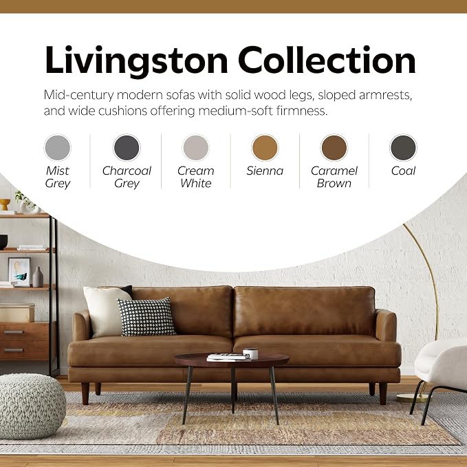 SIMPLIHOME Livingston Sofa - 90 inch Wide Top Grain Genuine Leather Sofa in Caramel Brown, Mid-Century Modern 3-Seater Couch for Living Room with Feather-Wrapped Cushions and Solid Wood Frame