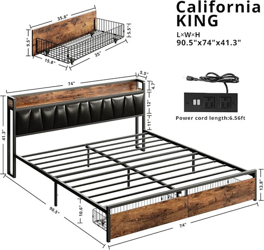 LIKIMIO California King Size Bed Frame with 2 Drawers and Charging Station | Platform Bed with Upholstered Storage Headboard, No Box Spring Needed, Easy Assembly, Sturdy, Vintage Brown and Black