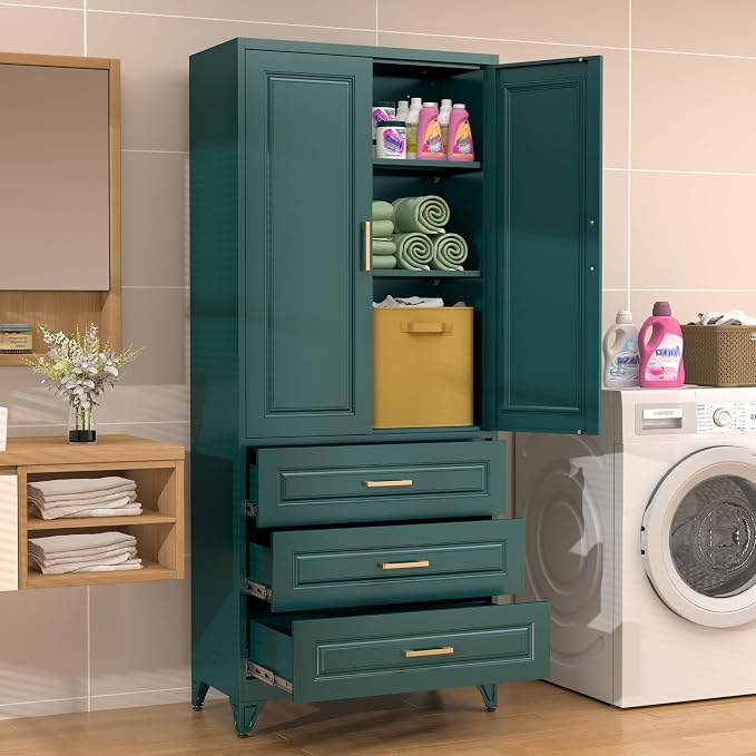 75" Metal Pantry Storage Cabinet with 3 Drawers, Green | Premium Cold-Rolled Steel Frame, Luxury Gold Handles, Adjustable Inner Shelves, Magnetic Doors, Anti-Tipping Kit