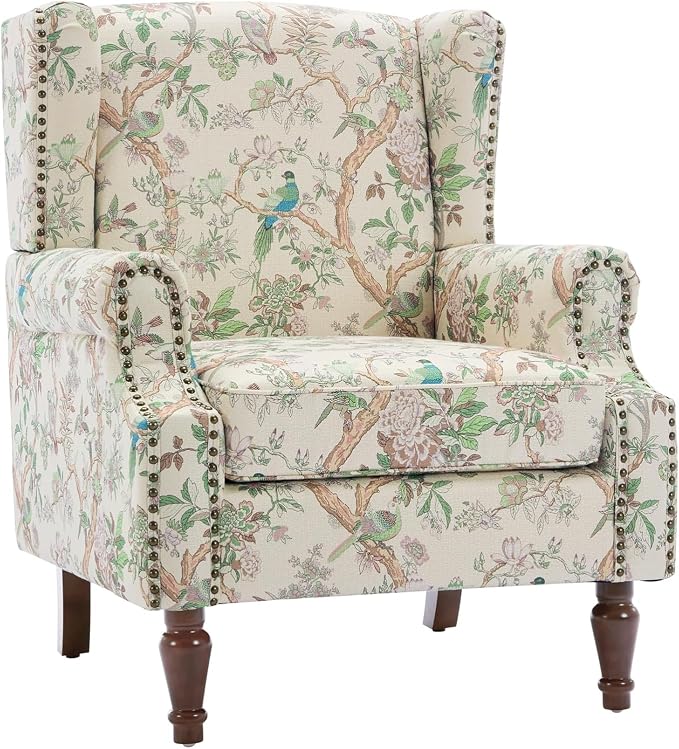 High Back Accent Chairs Set of 2, Fabric Upholstered Armchair Floral Wingback Chair for Living Room, Comfy Single Sofa Solid Wood Legs Bedroom Reading Seat - Pattern Bird