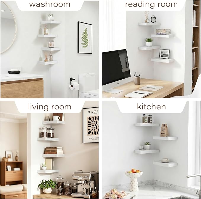 Bathroom Floating Shelves,11.8'' Wall Mounted Wood Shelves,Hanging Shelf for Books/Toiletries/Decor(White,Set of 4)