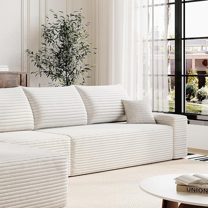 135" Corduroy Couch Sectional with Chaise, L Shape Boneless Cloud Couches for Living Room Bedroom, Modular Corner Couch, Fluffy Deep Seat Compression Sofa, Left Facing Chaise, No Assembly, White