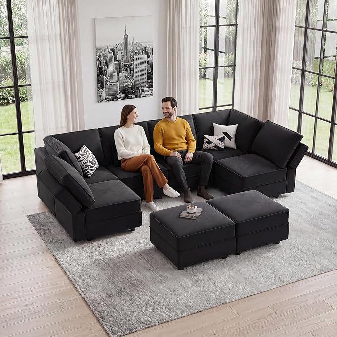 Vesgantti Sectional Sleeper Sofas with Storage, 118" Sofa Bed with 8 Seats Storage Chaises Removable Cover, Deep Seat Modular Couches Velvet Couch Set for Living Room, Apartment, Home Theater, Black
