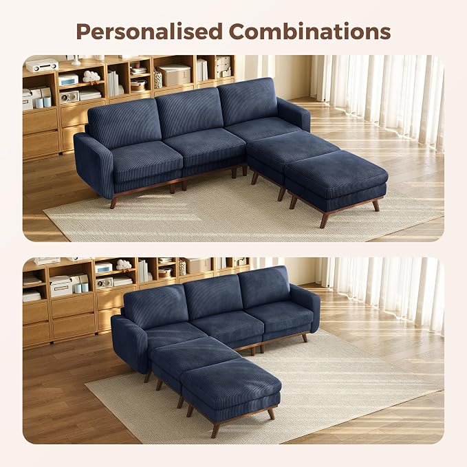 Vesgantti 97" Modular Sectional Sofa Dark Blue, U-Shaped Couch with Movable Ottoman, Comfy Corduroy Couch with Spring Cushion, Modular Sofa with Deep Seat for Living Room, Bedroom and Apartment