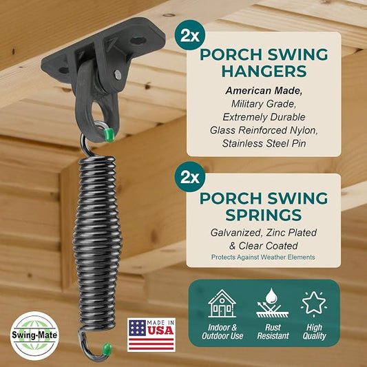 SwingMate Porch Swing Hanging Kit - 750 Lbs. Capacity - Proudly Made in The USA - Patented Heavy-Duty Suspension Swing Hangers and Springs for Hammock Chairs or Ceiling Mount Porch Swings (Black)