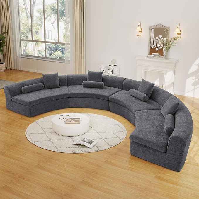 AVZEAR Curved Modular Sectional Sofa, Chenille Upholstered Cloud 4 Seater Couch for Living Room, No Assembly Modern Love Seat Sofa with 4 Bolster Pillows & 4 Square Pillows, High-Density Foam, Gray