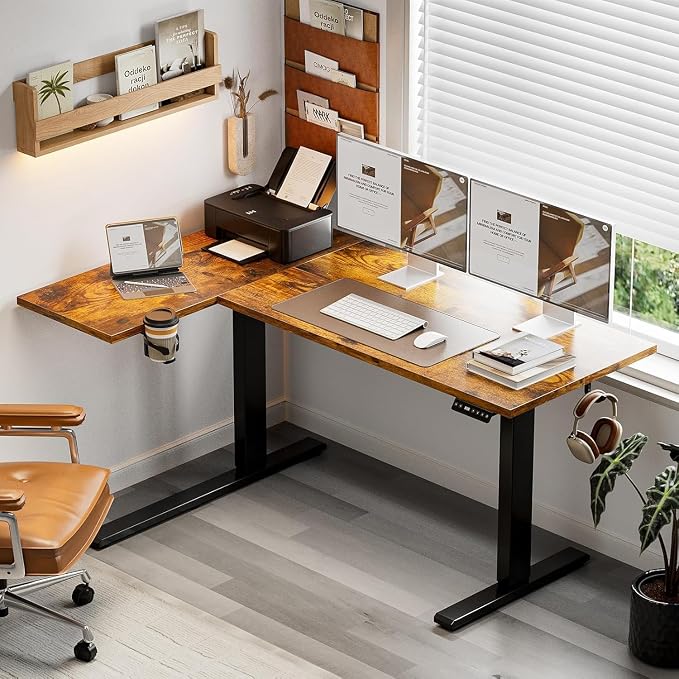Muvai 71 Inch L Shaped Standing Desk Adjustable Height with Cable Management Tray,Gaming Electric Corner Standing Desk, Sit Stand Computer Table with Reversiable Splice Board, Rustic Brown