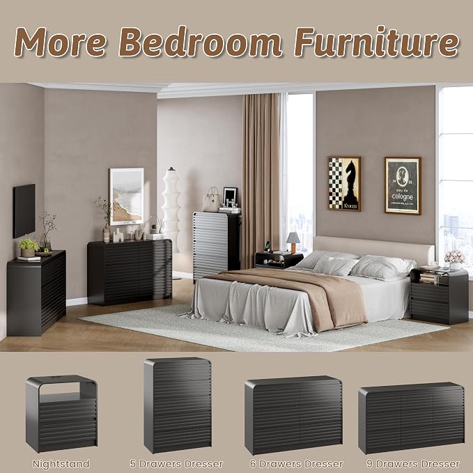 Dresser and Nightstand Sets for Bedroom, 3 Pcs Bedroom Set, Fluted 6 Drawer Dresser with Curved Profile and Night Stand Set of 2 with Charging Station, Wood Chest of Drawers, Black