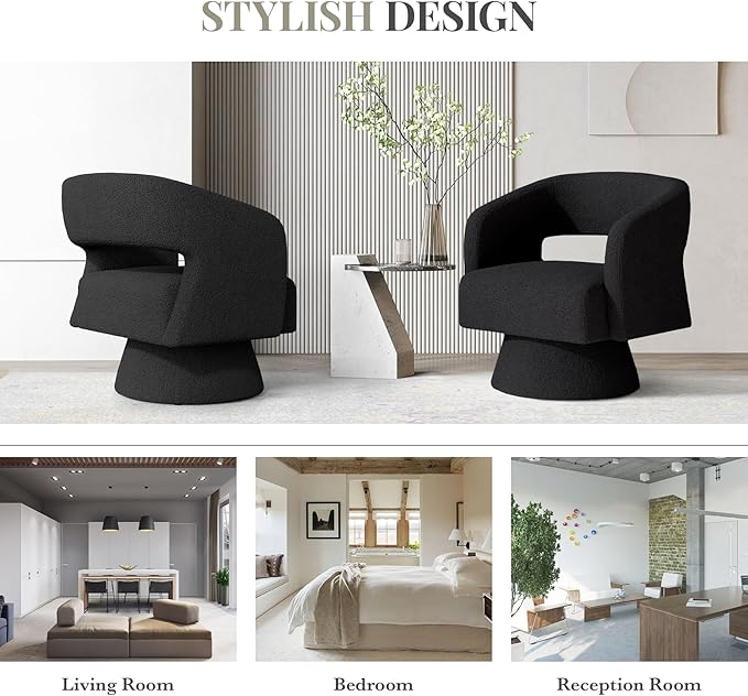 Luxanimarion Swivel Barrel Accent Chair,Oversized Teddy Upholstered Round Swivel Chair,Modern Luxury 360 Degree Living Room Vanity Chair for Bedroom Office,Black,2PCS