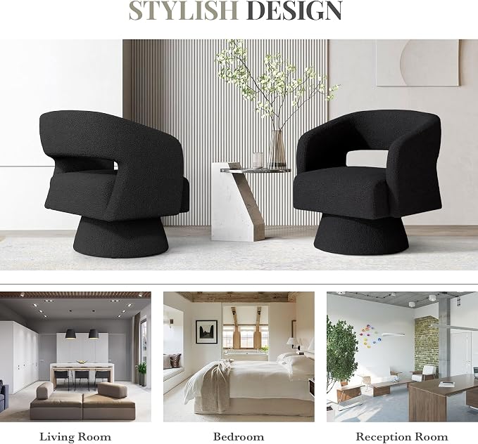 Luxanimarion Swivel Barrel Accent Chair,Oversized Teddy Upholstered Round Swivel Chair,Modern Luxury 360 Degree Living Room Vanity Chair for Bedroom Office,Black,1PCS