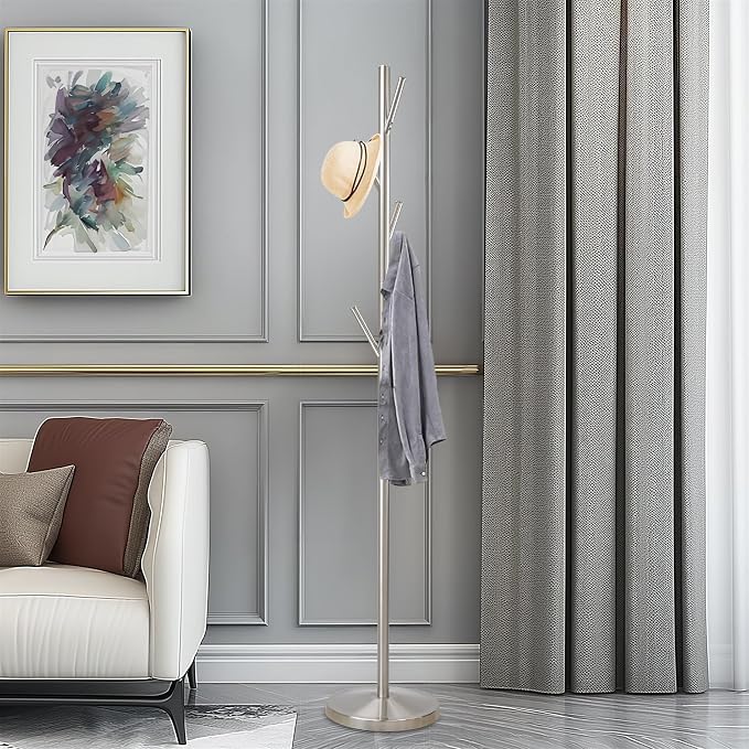 Kira Home Addison 68" Modern Standing Coat Rack with 6 Hanging Hooks, Sleek Metal Silver Coat Stand with Weighted Base, Satin Steel Finish
