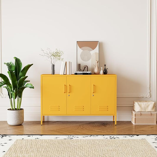 Yellow Metal Storage Cabinet 3 Door Wide Metal Storage Cabinet 2 Layer Adjustable Shelves 32 "H Wide Steel Lockable Storage Cabinet Multipurpose Metal Accent Cabinet for Office/Home/Dining