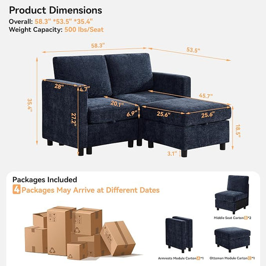 WUTUTUEE 58'' Modular Sectional Loveseat Sofa with Storage, Comfy Office L Shaped Sofa Couch, Chenille Love Seat Modular Sectional Couch with Movable Ottoman for Living Room, Bedroom, Navy