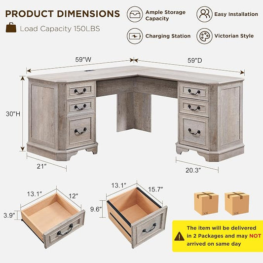 T4TREAM 59" Executive L Shaped Desk with Drawers,Farmhouse Wood Computer Corner Desk, Featuring Charging Station,File Drawer, Storage Cabinet,for Home Office Work and Study (Light Rustic Oak)