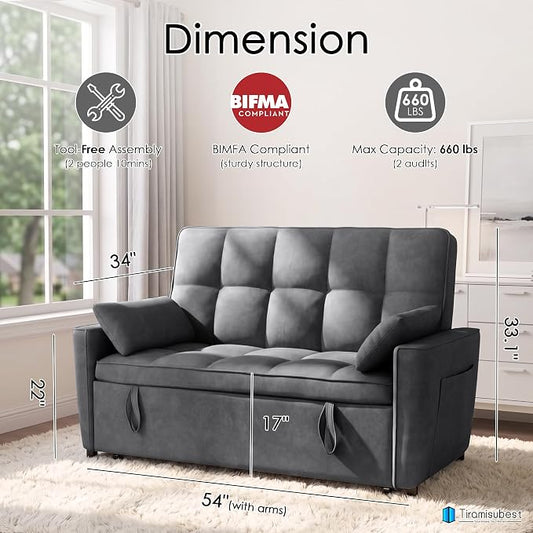 54'' Sleeper Sofa Bed, Convertible Pull Out Couch Futon for for Living Room,Apartment (Darkgrey, Loveseat) Side Pockets, Velvet Fabric, Adjustable Backrest, Pull-Out Bed, Easy Assembly