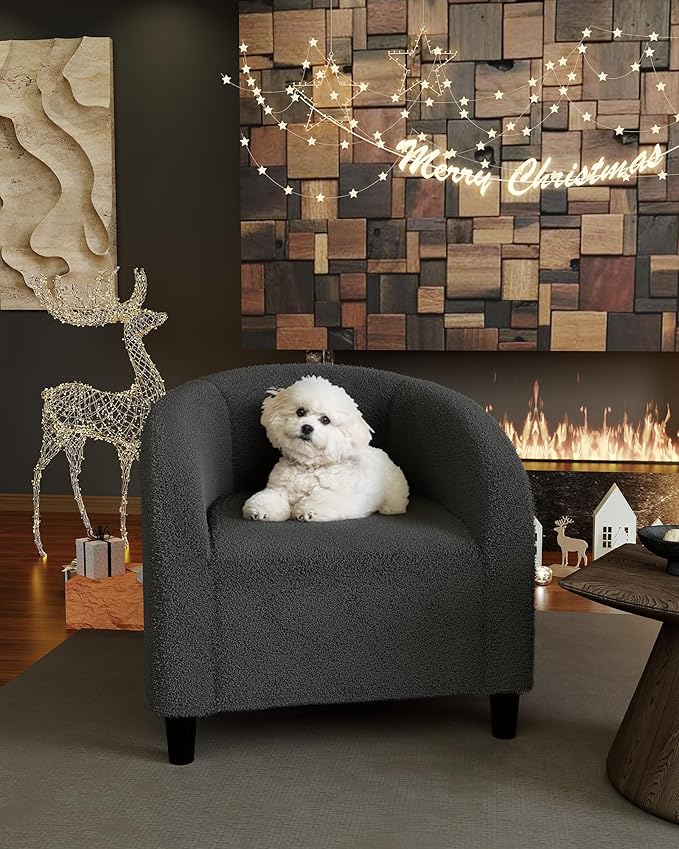 GarveeHome Accent Chair Barrel Boucle Chair Sherpa Armchair Club Chair Suitable for Living Room Bedroom Reception Room Office(Dark Gray)