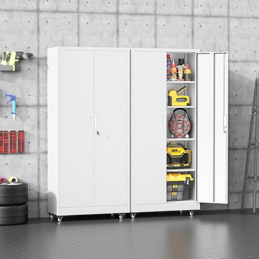 Bonusall 72" Metal Garage Storage Cabinet with Wheels, 2-Door Steel Locking Cabinet with 4 Adjustable Shelves, Heavy Duty Rolling Utility Cabinets for Warehouse, School - White
