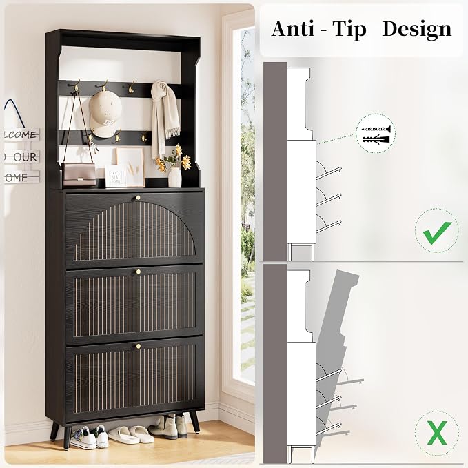 Fsbecl Shoe Cabinet for Entryway with 3 Flip Drawers & Coat Rack, Narrow Hidden Shoe Storage Cabinet with Fluted Panel, 2-in-1 Hall Tree Slim Freestanding Shoe Rack Organizer for Hallway, Black