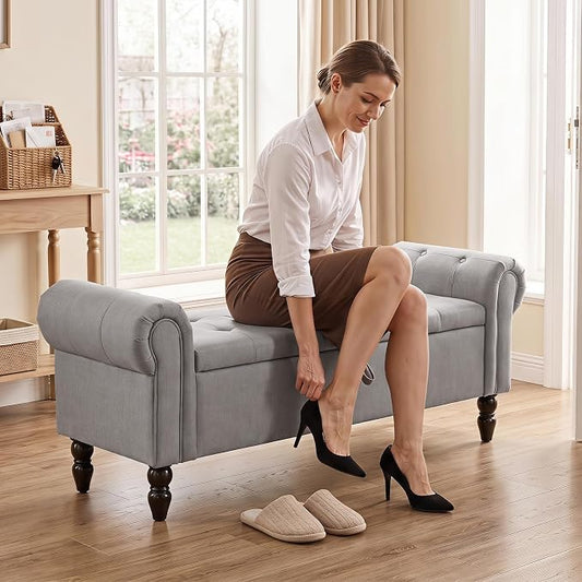 Furniliving 55” End of Bed Bench, Bedroom Bench with Button-Tufted, Large Upholstered Storage Ottoman Entryway Bench with Storage Shoe Cabinet Bench, for Bedroom, Linen, Grey