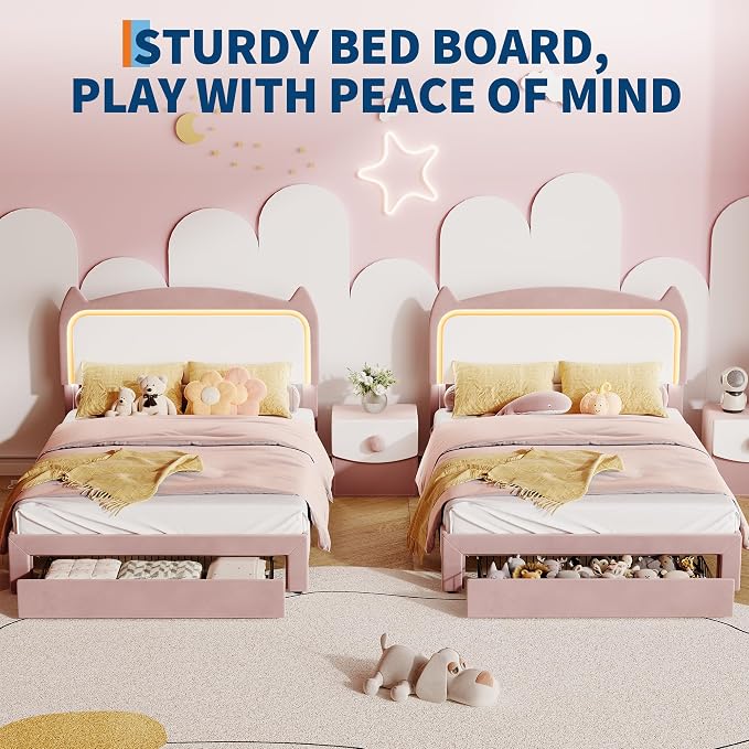 Garvee Full Upholstered LED Bed Frame with Storage Drawer & Cute Cat Headboard, Velvet Princess Platform Bed Frame with Sturdy Wood Slats Support for Girls/Kids, No Box Spring Needed, Pink