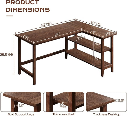 IOTXY Reversible L-Shaped Office Desk - 53" Modern Corner Computer Table with Storage Shelves, Solid Wood Legs, Home Writing & Study Workstation, Walnut
