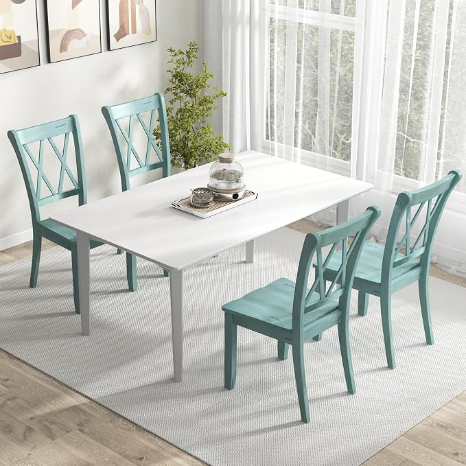 SIMOE Set of 4 Wooden Dining Chairs, Mid Century Farmhouse Kitchen Chairs, Solid Rubberwood Armless Side Chairs with High Back, Ergonomic Seats for Dining Room Living Room, Green
