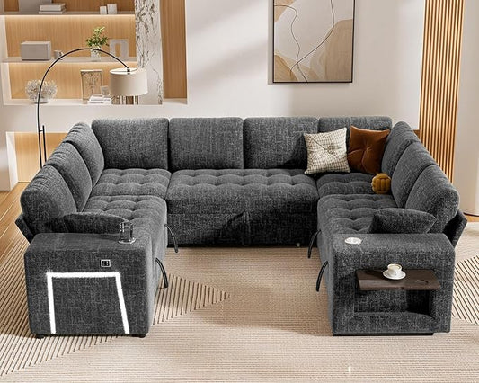 Vipbear 111" Modular Sectional Sleeper Sofa with Pull Out Bed, 8 Seat Chenille U Shaped Couch with 2 Pull-Out Beds|USB Ports|Cup Holders|Side Table|LED Light, Tool Free Assembly, Grey