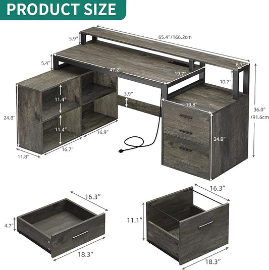 YITAHOME L Shaped Desk with 3 Drawers, 65" Corner Computer Desk with Power Outlets & LED Lights, L-Shaped Desk with File Cabinet & Printer Stand for Home Office, Grey