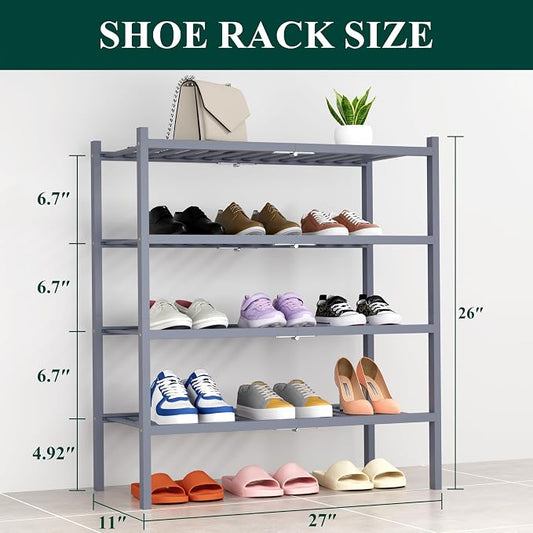 Smiry Bamboo Shoe Rack, 4 Tier Free Standing Wooden Shoe Organizer, Stackable Wood Shoe Storage Shelf for Closet, Entryway, 14 Vertical Slats, 2+2 Stack Heavy-Duty Legs, 26.8"x11"x26", Grey