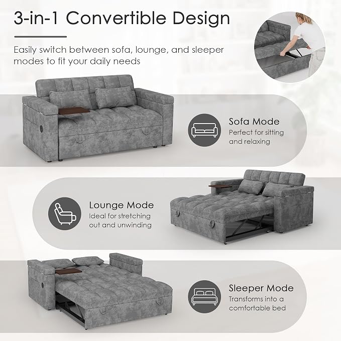65'' Sleeper Sofa Bed, Pull Out Couch with Side Table | USB Charging Port | Adjustable Backrest | Chenille Fabric, Convertible Loveseat for Living Room, Apartment, Small Spaces (DeepGray)