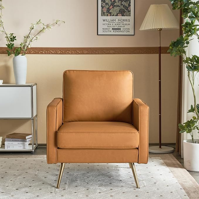 VINGLI Modern PU Leather Accent Chair for Living Room,Bedroom Comfy Chair Arm Chair Reading Chair with Golden Metal Legs and Deep Seat for Office,Apartment,Small Space,Cognac