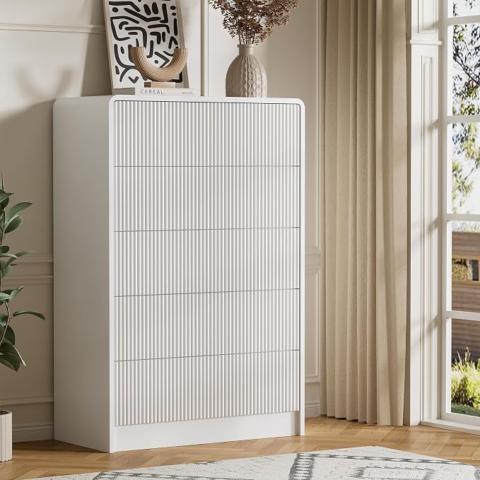 Furniway Bedroom Dresser Set 3 Piece, 5 Drawer Curved Dresser with 2 Nightstands, Modern Fluted Wood Storage Cabinet, White Chest of Drawers with Pop-Up Design, White