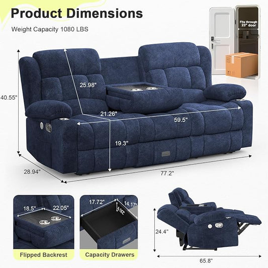 RV Loveseat Recliner Sofa, 3 Seater Reclining Sofa with Flip Back Console, Modern Reclining Couch with USB Ports, Cup Holders, Insert Pockets, RV Recliners for Travel Trailers & Living Room
