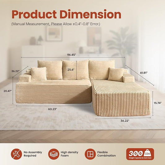 ovios 96" Cloud Sectional Couch with L-Shape Chaise,Modern Modular Sofa with Deep Seat, Upholstered Couches for Living Room Bedroom,No Assembly Required, Beige (Plush Corduroy Fabric)