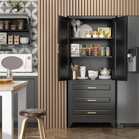 SteeLoong 75" Kitchen Pantry Cabinet with 3 Drawers,Metal Storage Cabinets with Doors and 2 Adjustable Shelves,Black Kitchen Cabinet with 2 Gold Handles,Food Cupboard for Livingroom, Bathroom,Pantry
